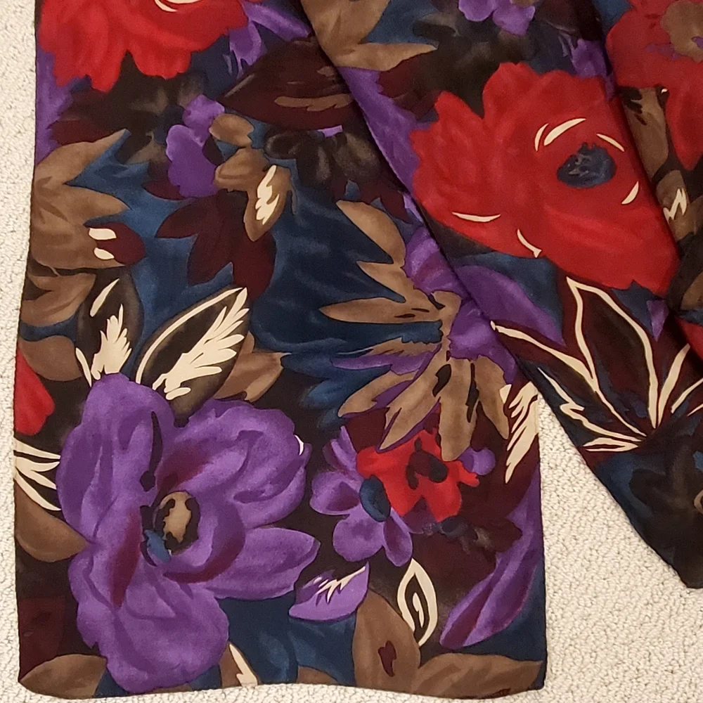 Vintage Axcess 100% Silk Long Floral Scarf, Deep Colors Purple/Teal/Red, EUC